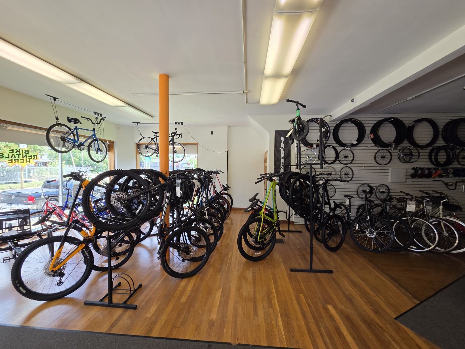 Bicycle showroom at Rocky’s, with bikes and wheels on display