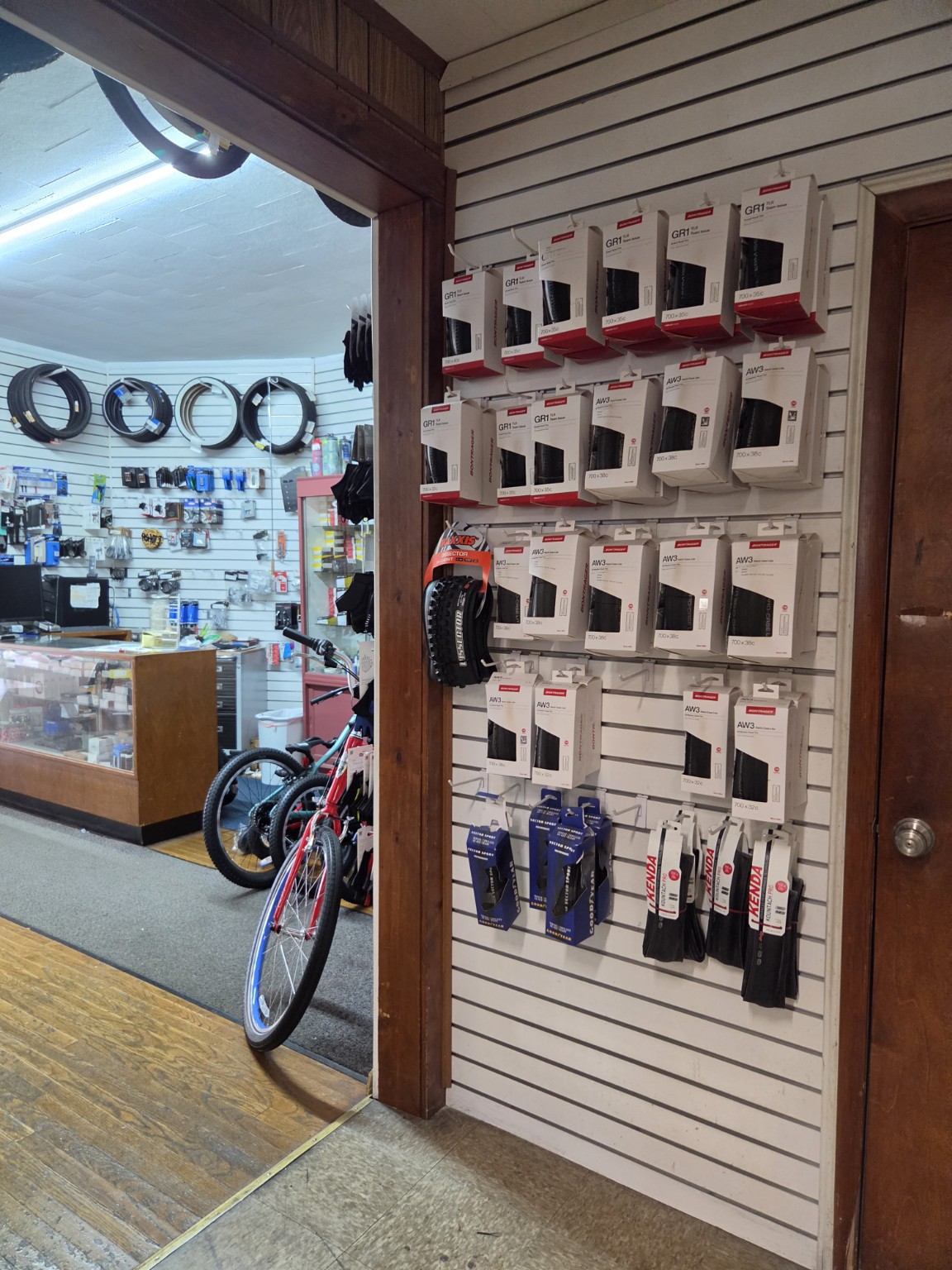 Bontrager and other bicycle tires on display at Rocky’s